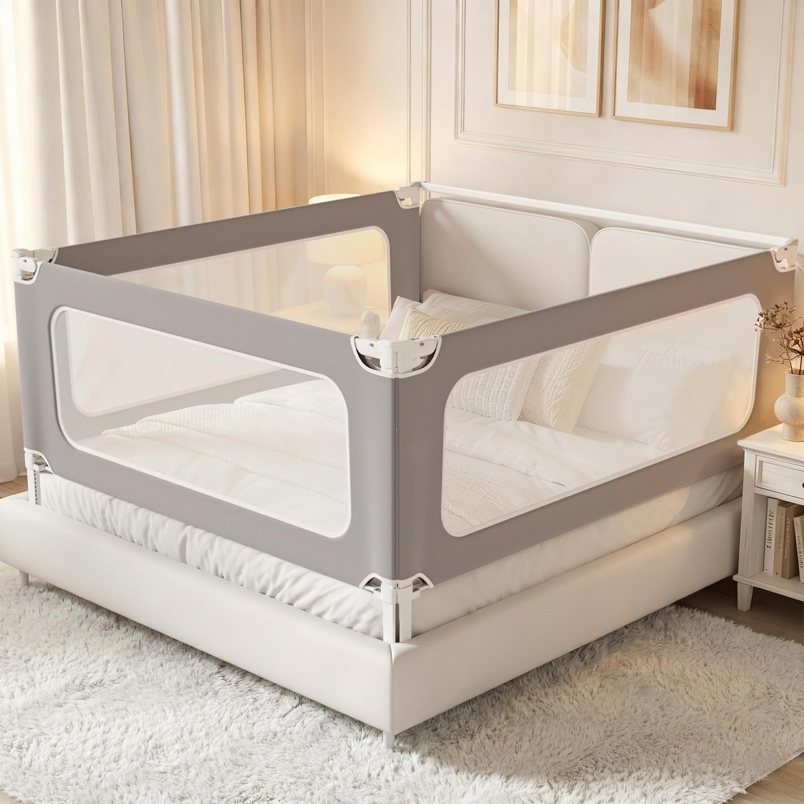 MagicFox 3 Piece Queen Size Bed Rail for Toddlers,Upgraded Height Adjustable Baby Bed Rail Guard, Thickened Child Safety Bed Rails for Queen Size Beds (78.7"x78.7"x60" Gray)