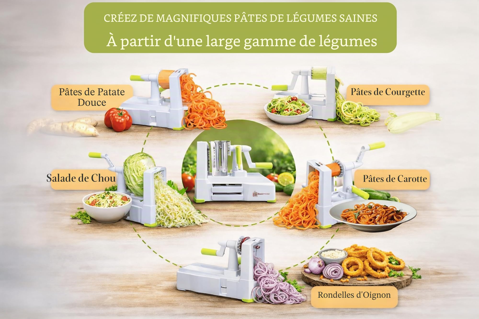Râpe pour couper els légumes en spirale - 5 lames - Par Brieftons - BR-5B-02 Coupe-légume solide et robuste pour faire des spirales ou des spaghetti de légumes