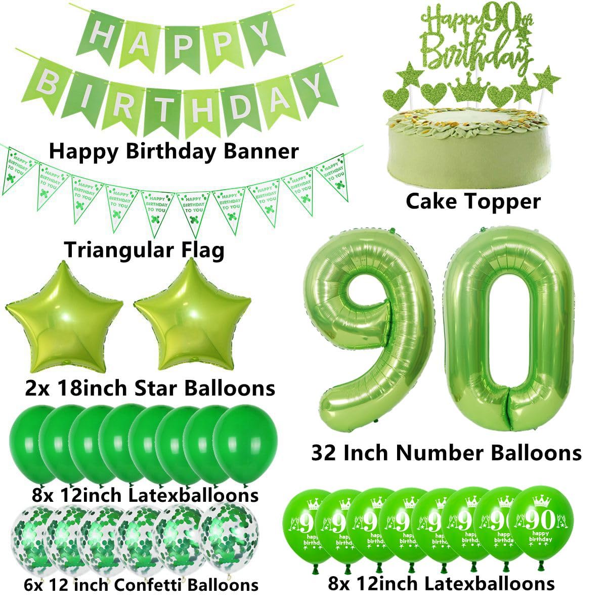 90. Geburtstag Dekoration Set – Olivgrün/gold, Inkl. Folienballon, Banner, Luftballons & Tortendeko