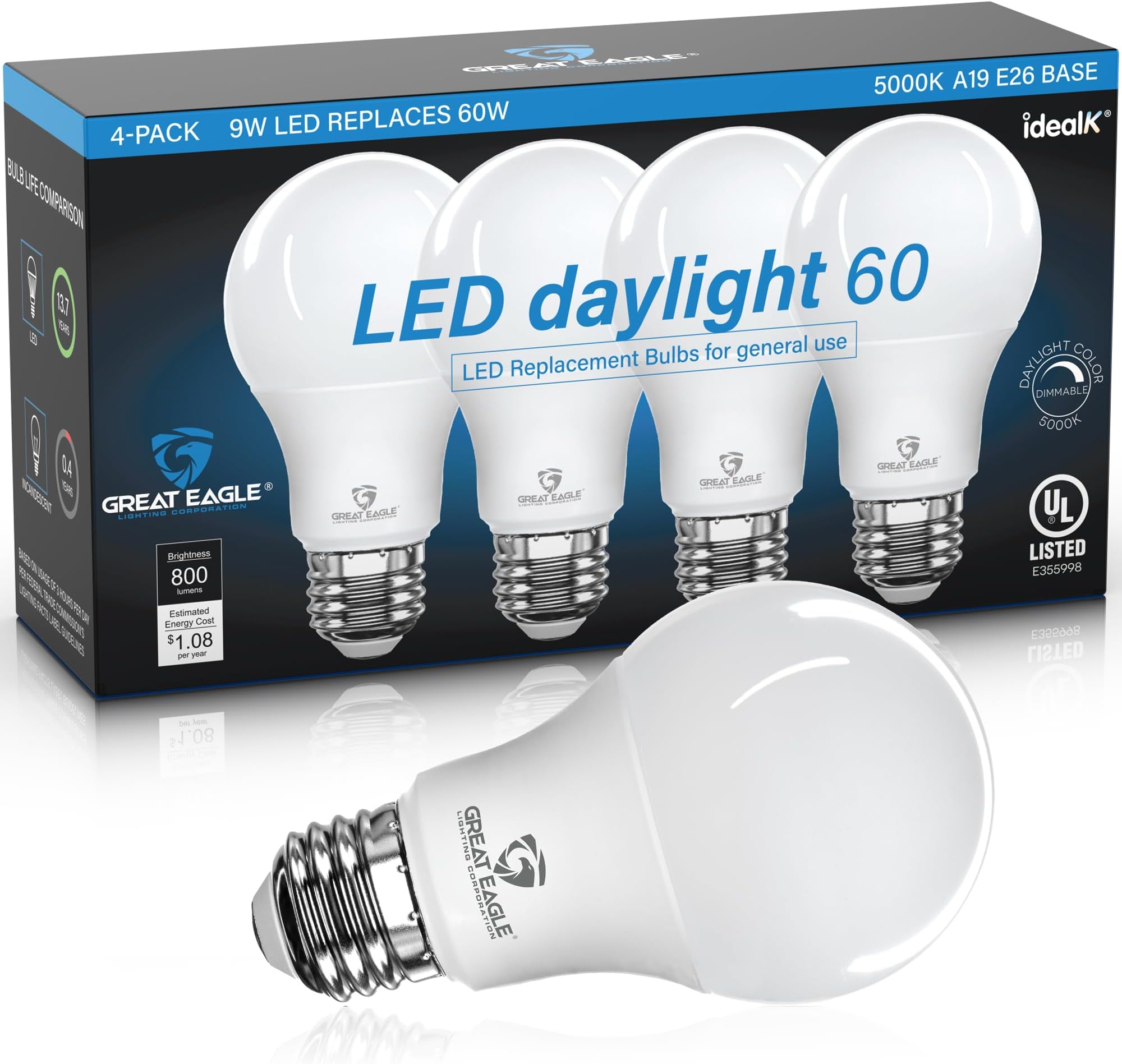 Great Eagle A19 LED Light Bulb, 9W (60W Equivalent), UL Listed, 5000K Daylight, dimmable, Standard Replacement (4 Pack)
