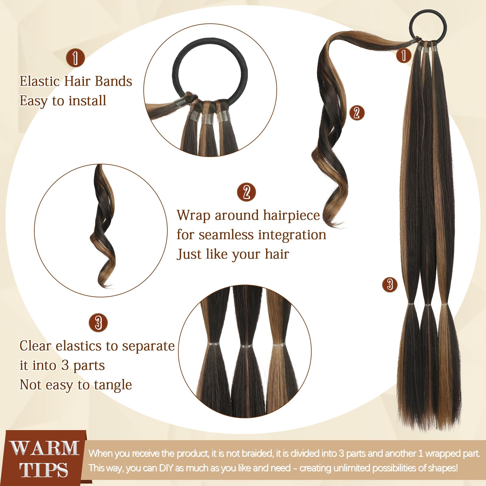 Sofeiyan Long Braid Ponytail Extension with Hair Tie Straight Sleek Wrap Around Hair Extensions Braid Pony Tail Fluffy Natural Soft Synthetic Hairpieces for Women Daily Wear 26 inch-Brown with Blonde - Image 2