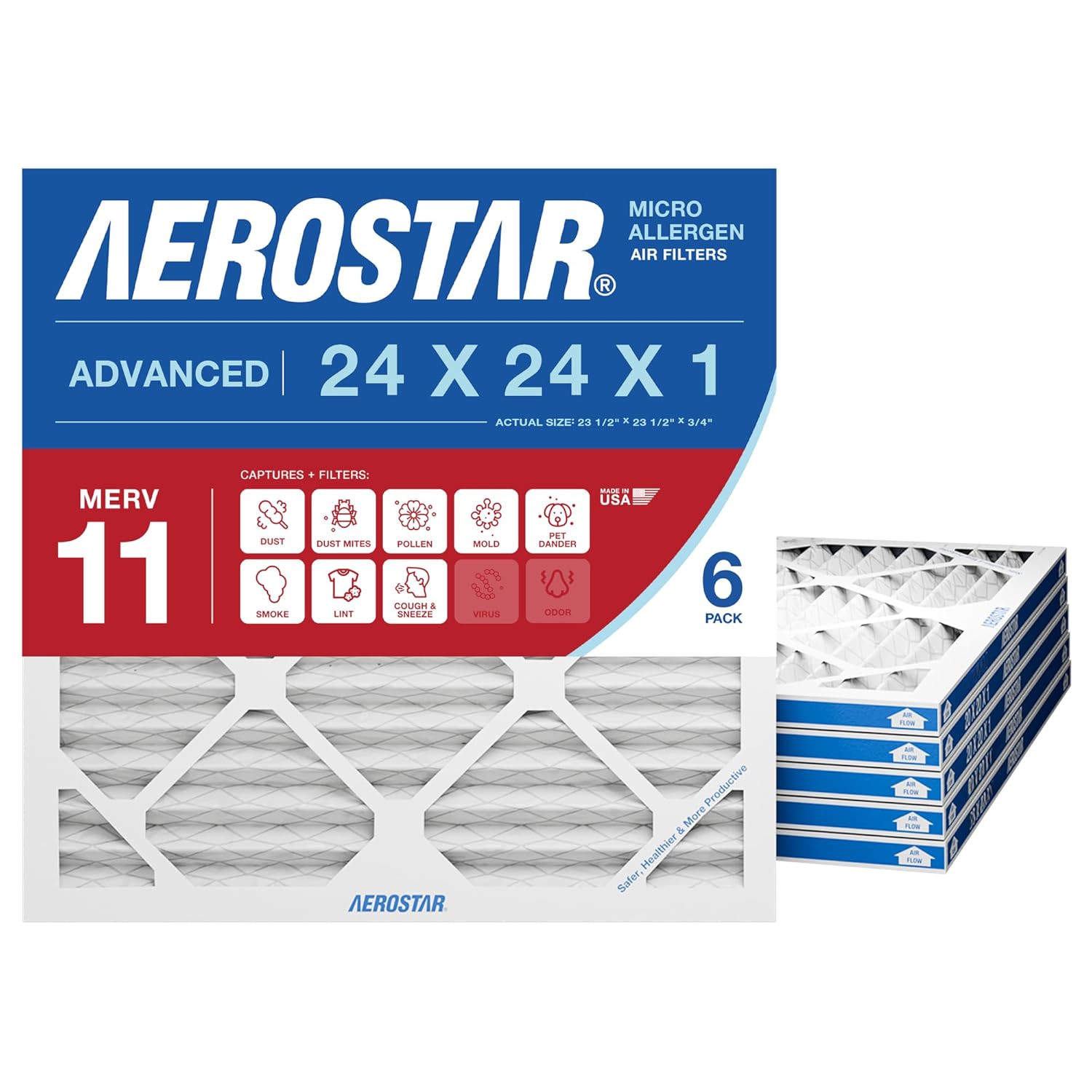 Aerostar 24x24x1 MERV 13 - 6 Count - Pleated HVAC, Furnace & Air Conditioner Filters - Removes Bacteria, Dust, Cold & Flu Germs, Lint, Mold, Pet Dander, Allergy-Causing Pollen, Smog, Smoke & Viruses