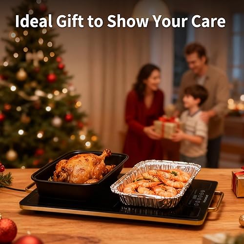 Miniatura 4 de Bandeja de calentamiento eléctrica, bandejas de calentamiento de alimentos extra grandes con ajustes de temperatura y temporizador, calefacción de