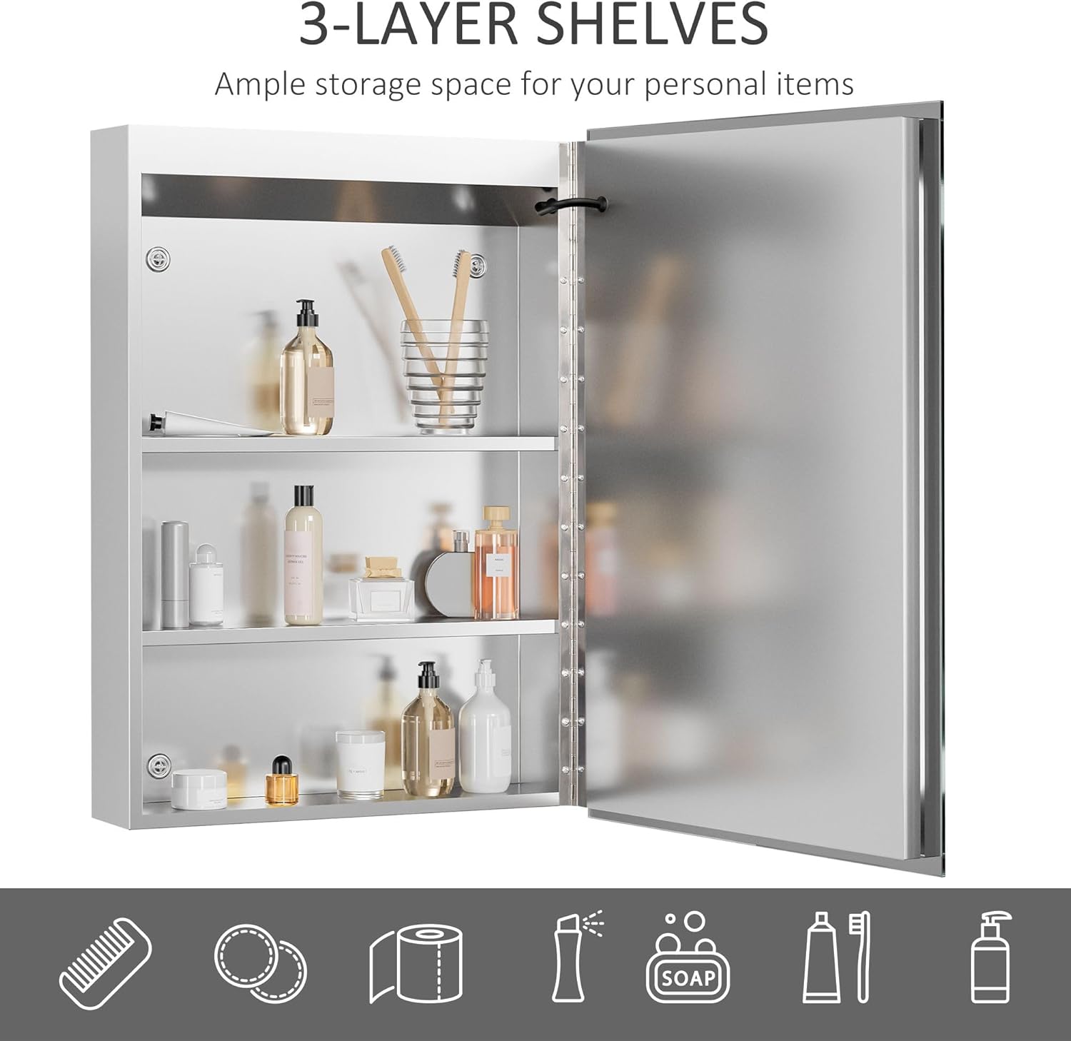 LED Mirror Cabinet with Adjustable Brightness and Color Temperature - Wall-Mounted Bathroom Storage