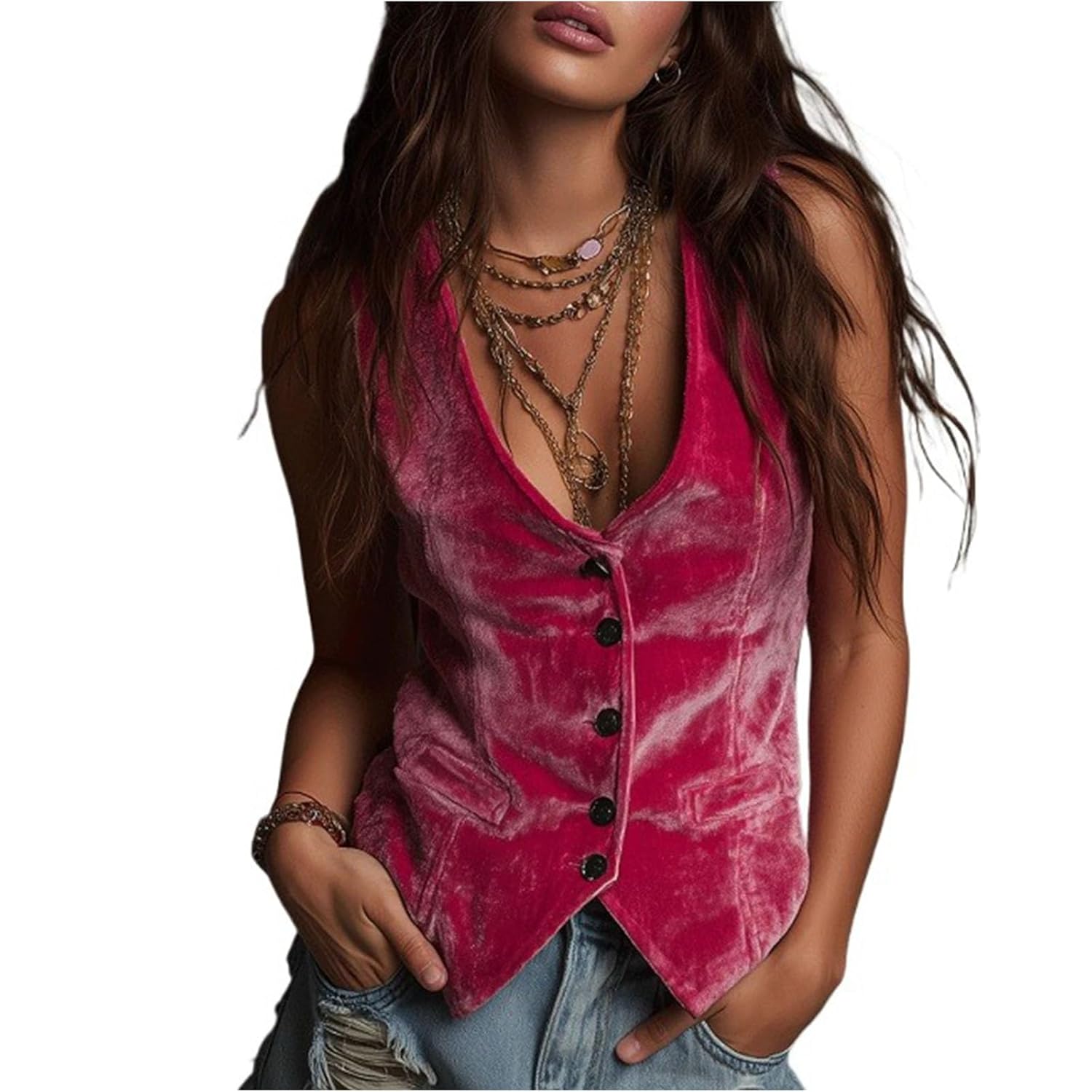 Womens Pink Velvet Vest Deep V Neck Elegant Suit Vest Y2K Sleeveless Button Up Waistcoat Tops