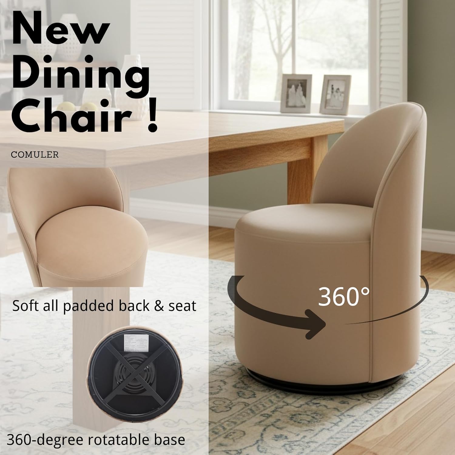 Modern Barrel Dining Chairs Set of 6, Swivel Base Khaki Accent Chair 360°Rotating Vanity Chair Mid-Century Dining Side Chair Kitchen Chair for Living Room, Bedroom, Home, Office, Kitchen