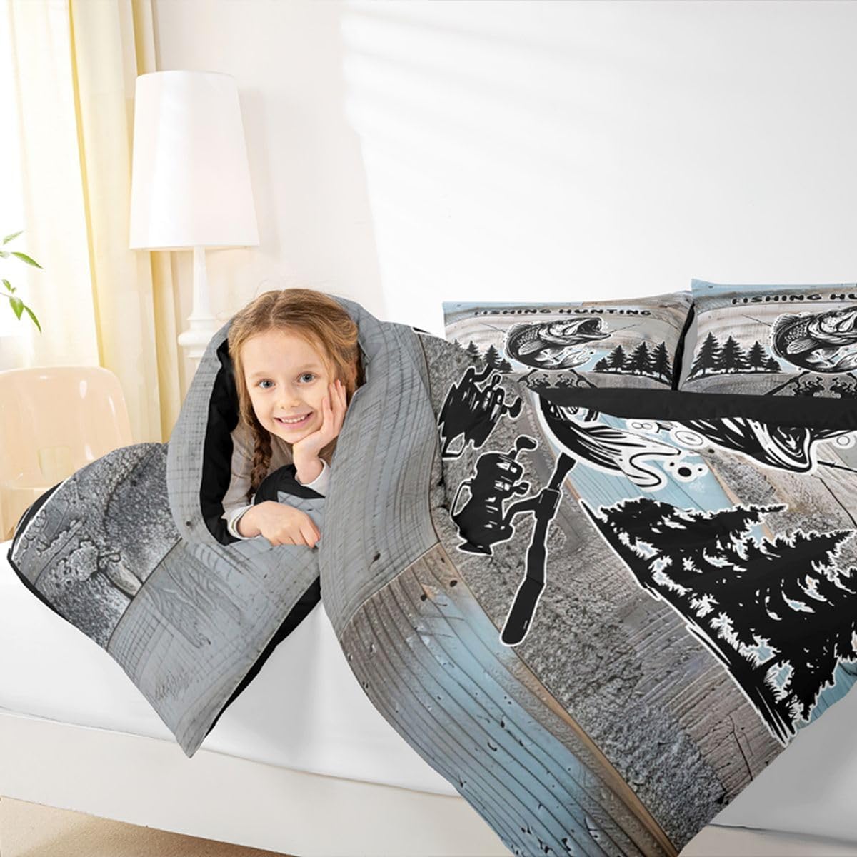 Feelyou Fishing Bedding Set Soft for Boys Girls, Rustic Lakehouse Farm Comforter Set Twin Size Cabin Country Duvet Quilt Microfiber Bedroom Decor 2 Pcs with 1 Pillow Cases