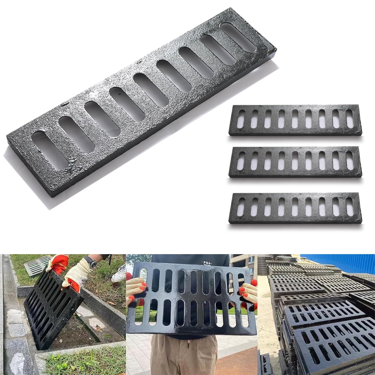 Cast Iron Drain Grate, 17.3 * 4.5in Heavy Duty Outdoor Drain Cover, B125 Class Channel Grate, Metal Sewer Grate, Black Square Drainage Grate for Concrete Floor, Yard, Driveway &amp; Garage.(4PCS)