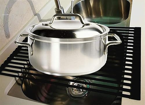 Miniatura 2 de Ahyuan - Escurridor de platos grande enrollable para fregadero, cuadrado, barras sólidas multiuso, revestidas de silicona, acero inoxidable,