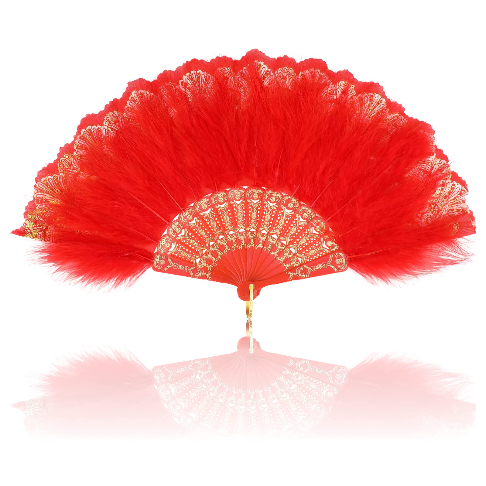 MWOOT Marabou Feather Fan, 1920s Embroidered Flower Handheld Feather Fan, Roaring 20s Vintage Style Flapper Hand Fan for Costume Halloween Dancing Show Tea Party Wedding Decoration - Red
