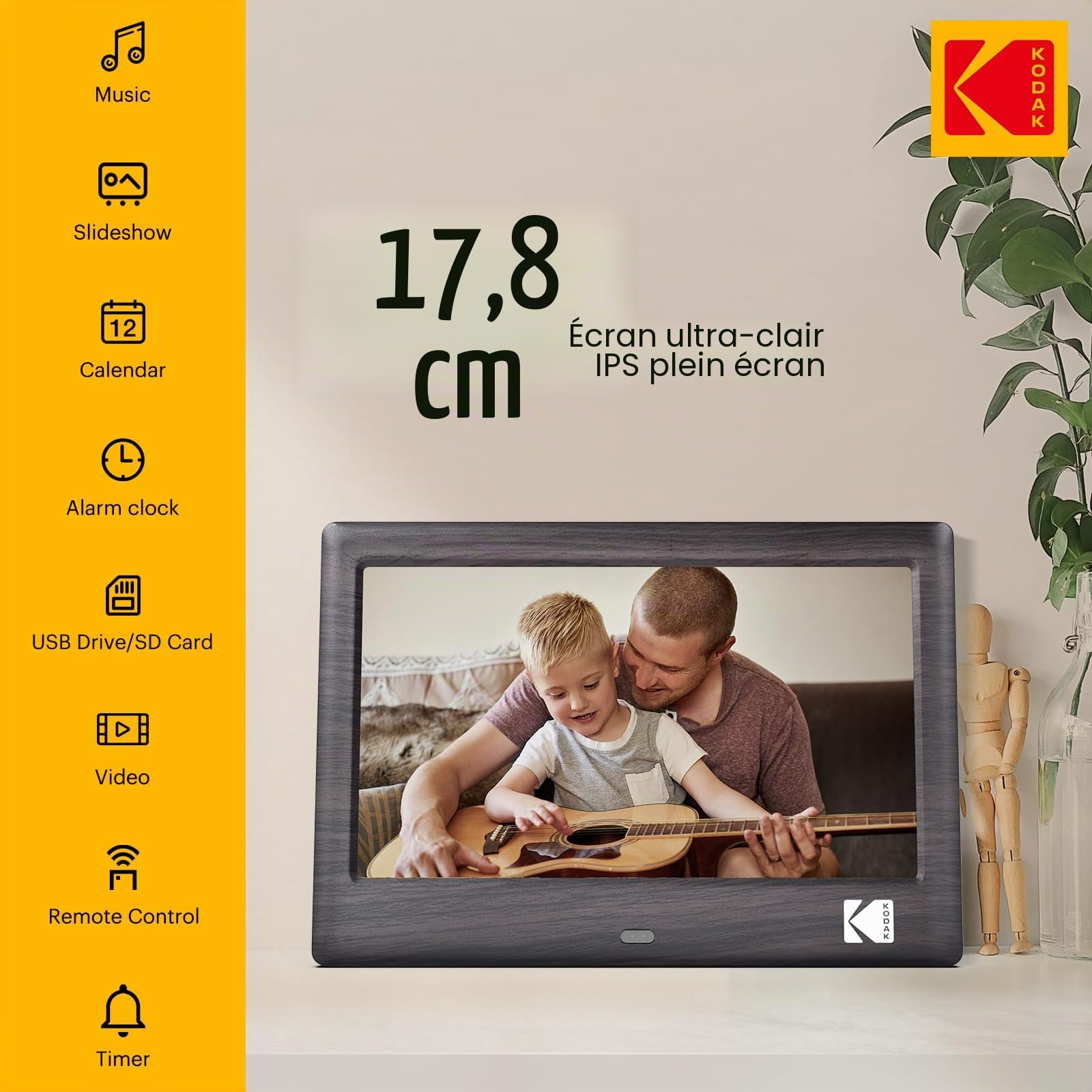 Kodak Cadre Photo numérique de 7 Pouces - Écran IPS - Lecteur Photo/Musique/vidéo/Calendrier/Alarme, Prise en Charge USB ou Carte SD, Rotation Automatique, avec télécommande
