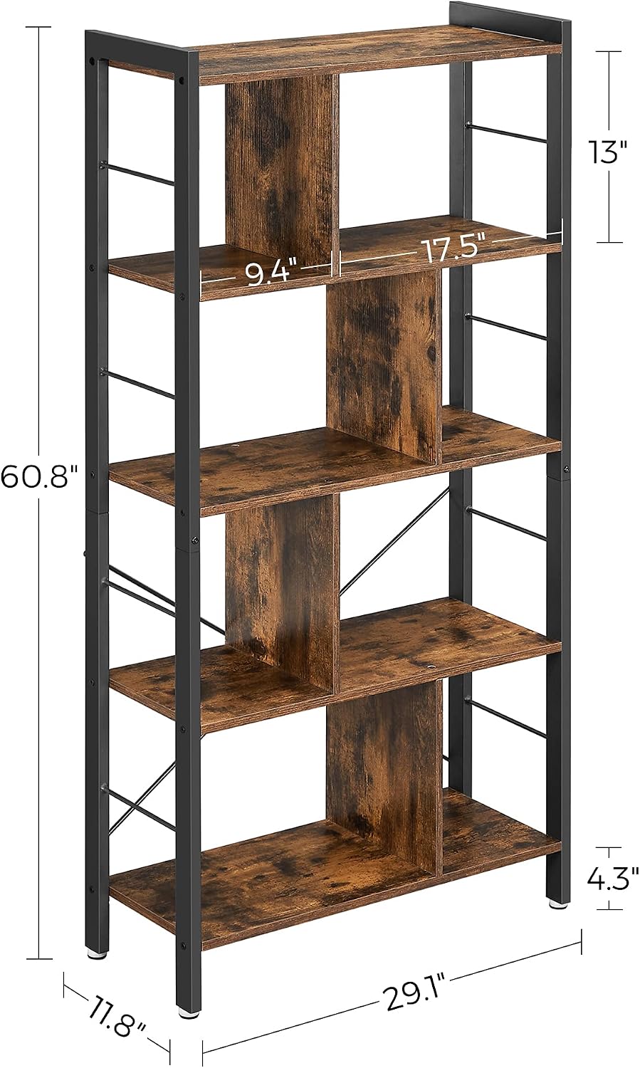 VASAGLE ALINRU Bookcase, 4-Tier Industrial Bookshelf, Floor Standing Storage Rack in Living Room Office Study, Large Storage Space, Simple Assembly, Stable Iron Frame, Rustic Brown ULBC12BX