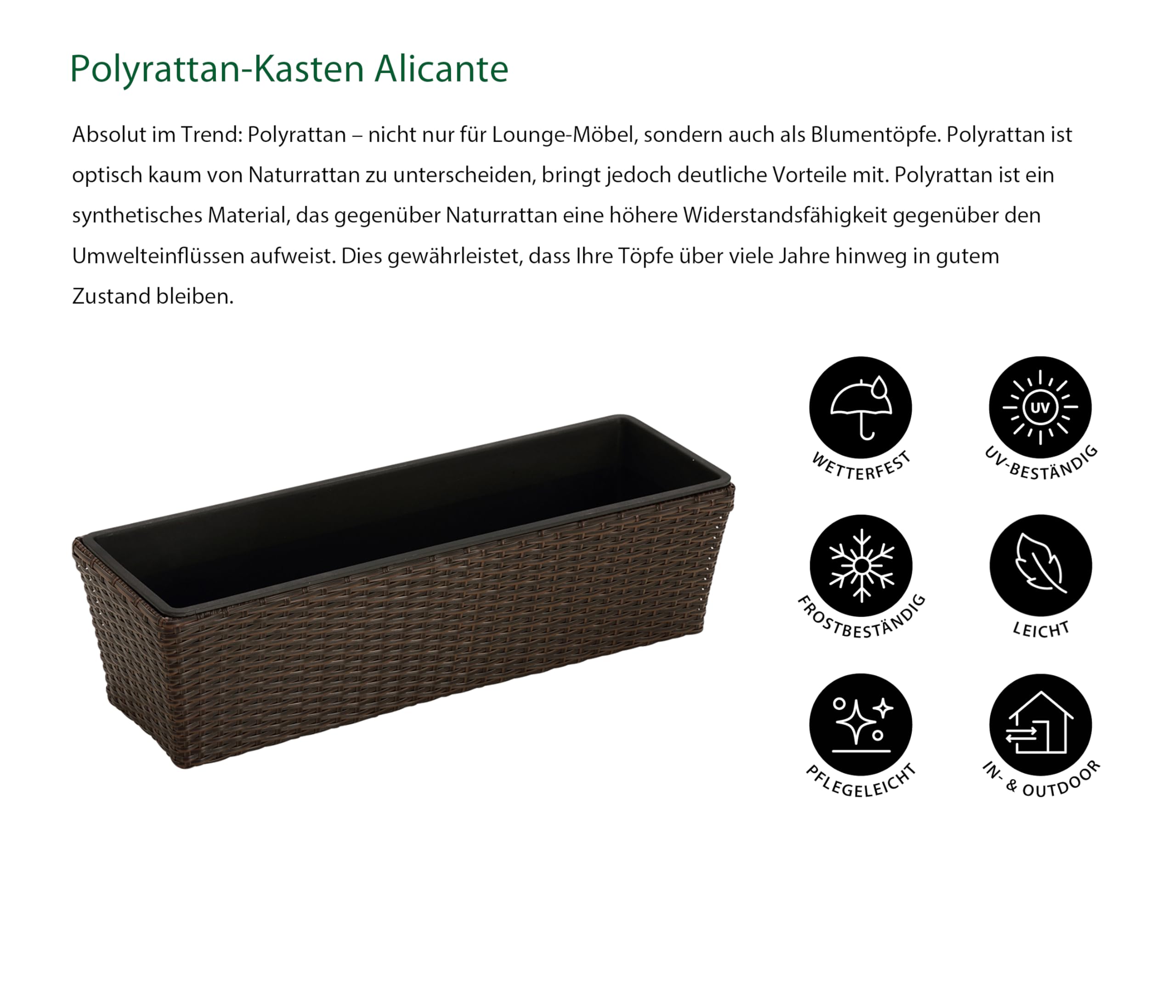 Dehner Blumenkasten mit Kunststoff-Einsatz, ca. 49 x 16 x 14 cm, Polyrattan, braun Garten