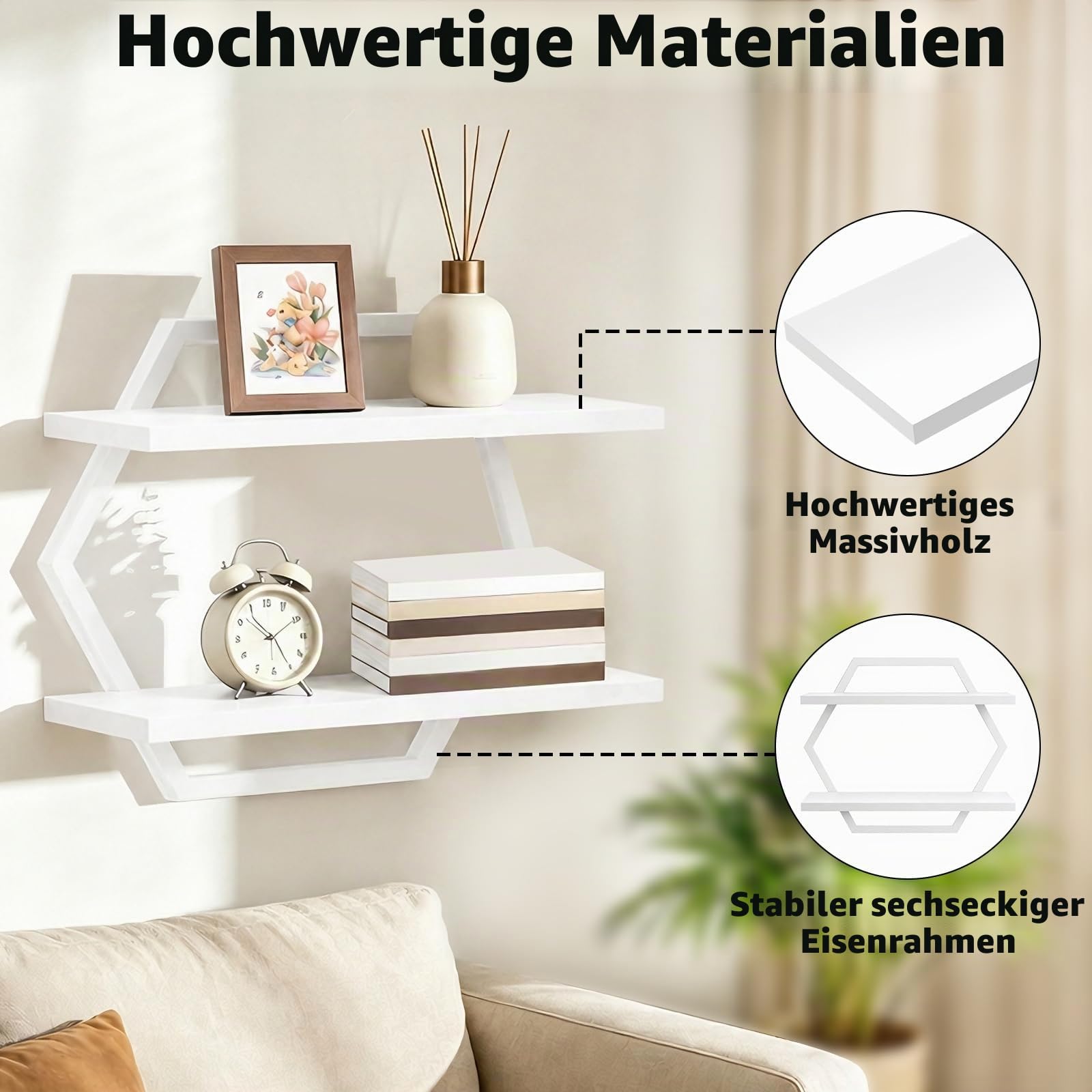 Lermende Wandregal Holz und Metall, 2Pcs Schweberegal Hängeregale-Weiß