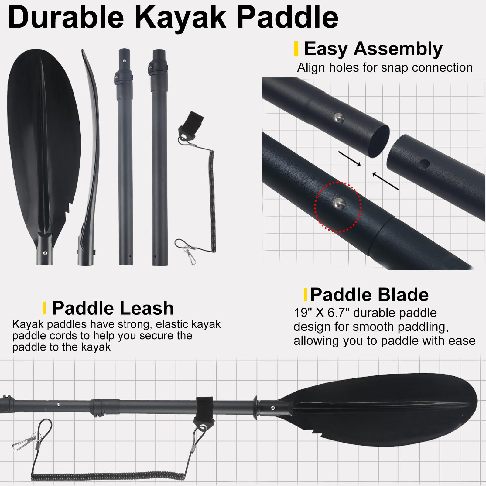 230 cm Doppelkopf-Paddel, 170 cm – 250 cm in robustem Aluminiumschaft und gerippten Polyethylen-Klingen für Kajaks