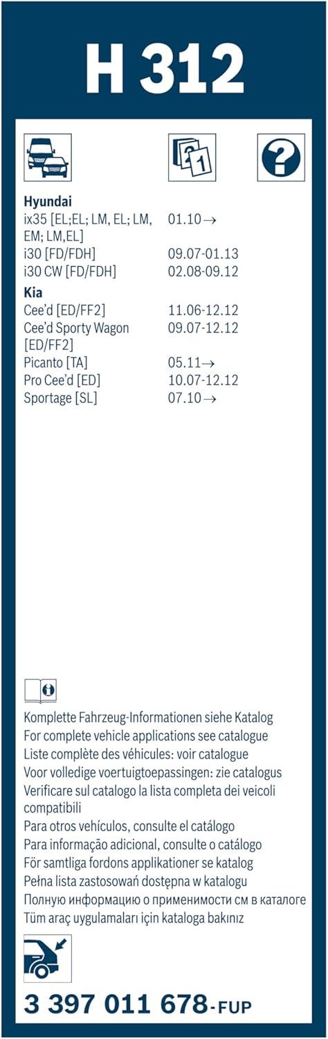 Bosch H312 wiper blade packaging with vehicle compatibility list