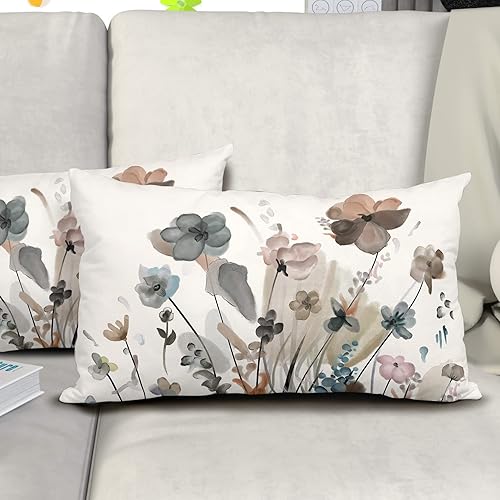 Miniatura 5 de Juego de 2 fundas de almohada lumbar de 12 x 20 pulgadas, color verde azulado, marrón, crema, gris, beige, flores, rectangulares, rústicas,