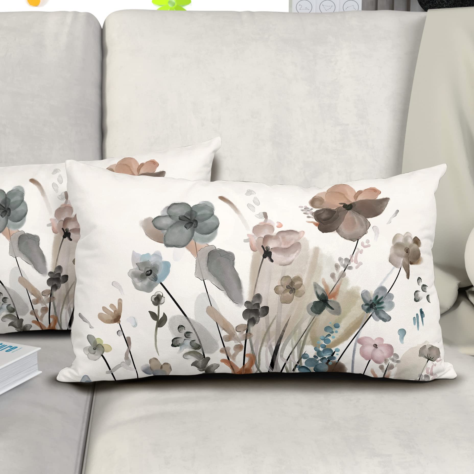 Juego de 2 fundas de almohada lumbares de 12 x 20 pulgadas, acuarela, marrón, gris, beige, flores, rectangulares, rústicas, abstractas, modernas, decoración del hogar para sala de estar, sofá, sofá
