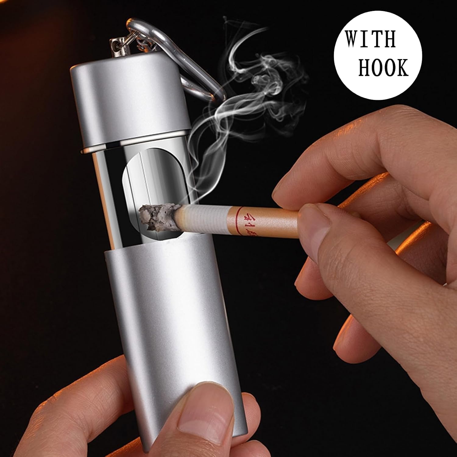 2pcs Portable Ashtrays for Cigarettes, Fireproof Metal Smell Proof Travel Outdoor Pocket Ashtray with Keychain (Black & Silver) image 2