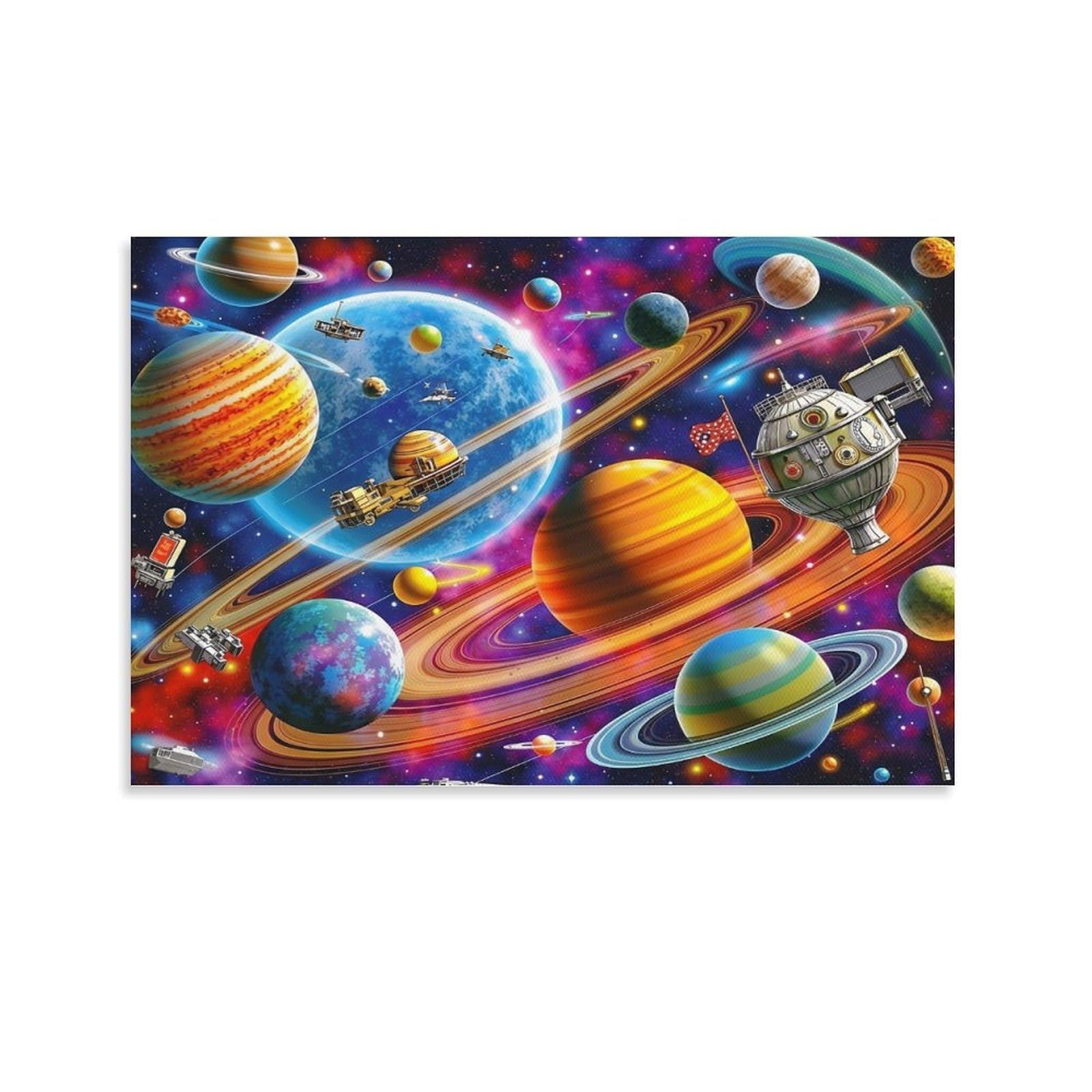 CPLVKWRQJ Space Adventure Scene 1 Piece Cartoon Space Planets And Spacecraft Scene Wall Art Pieces - Nursery Canvas Wall Hanging Space Saving Ready to Hang Decor 24x36inch(60x90cm)