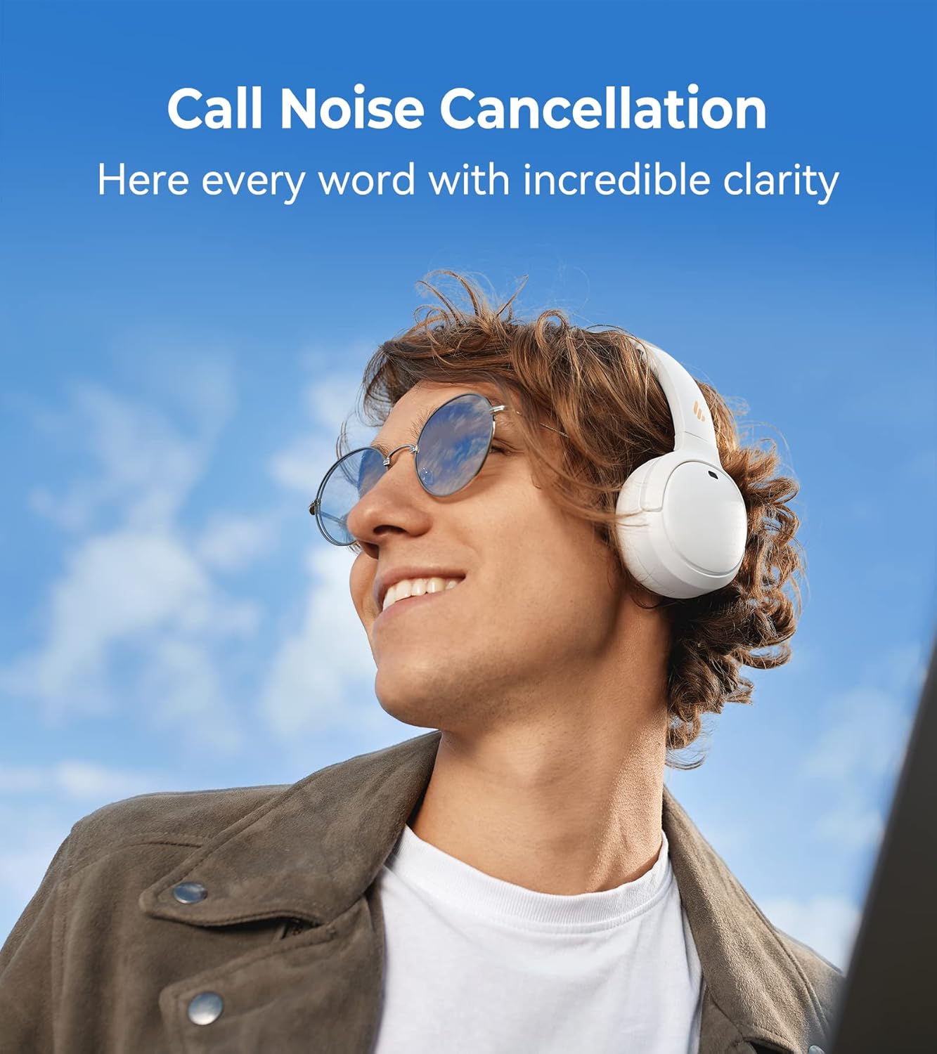 Image showing a person wearing white Edifier WH500 headphones with text 'Call Noise Cancellation' and 'Hear every word with incredible clarity'.