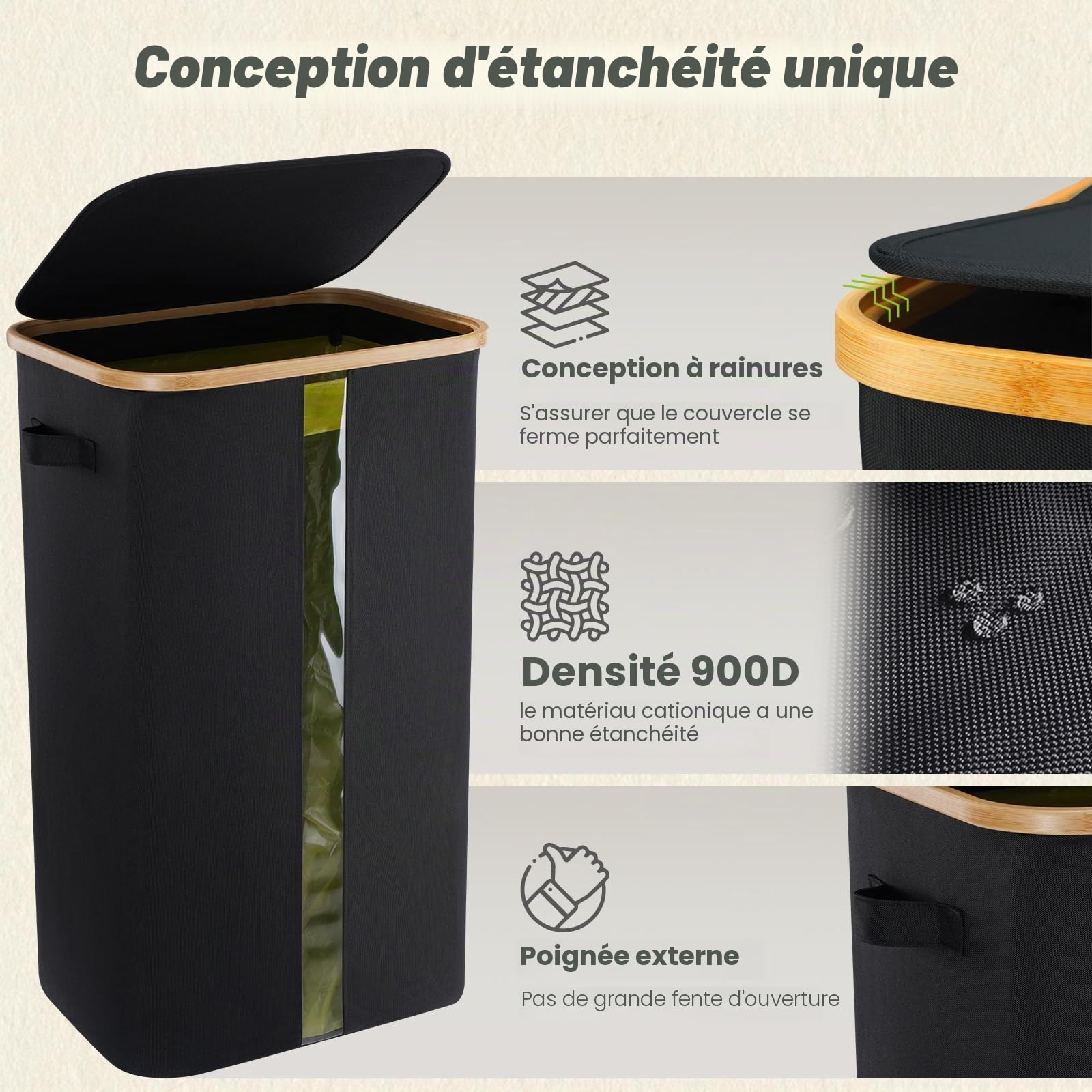 Support pour Sac Poubelle 100 l avec Fenêtre Transparente et Couvercle - Grand Format - Noir