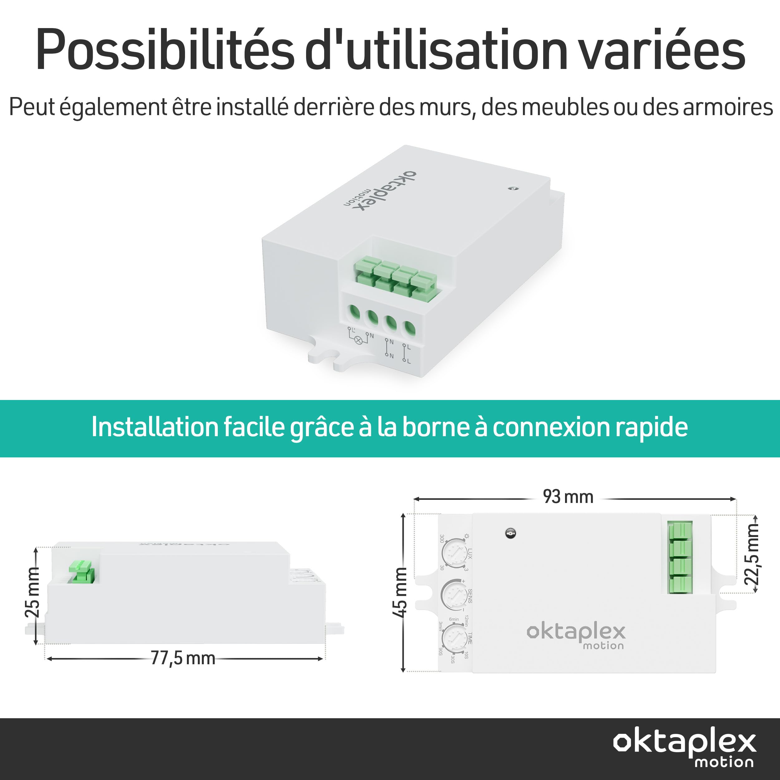 Oktaplex Amy Lot de 2 détecteurs de présence 24 GHz Blancs | Modules radar HF à encastrer dans les luminaires LED pour commande invisible