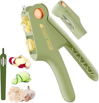 Garlic Slicer, 3 in 1 Garlic Slice,Vegetable Swivel Peeler,Garlic Press with Garlic Cleaner, Efficient Garlic Slicer Super Thin-Easy to Squeeze Clean,Stainless Steel Blades and Sturdy ABS, Green