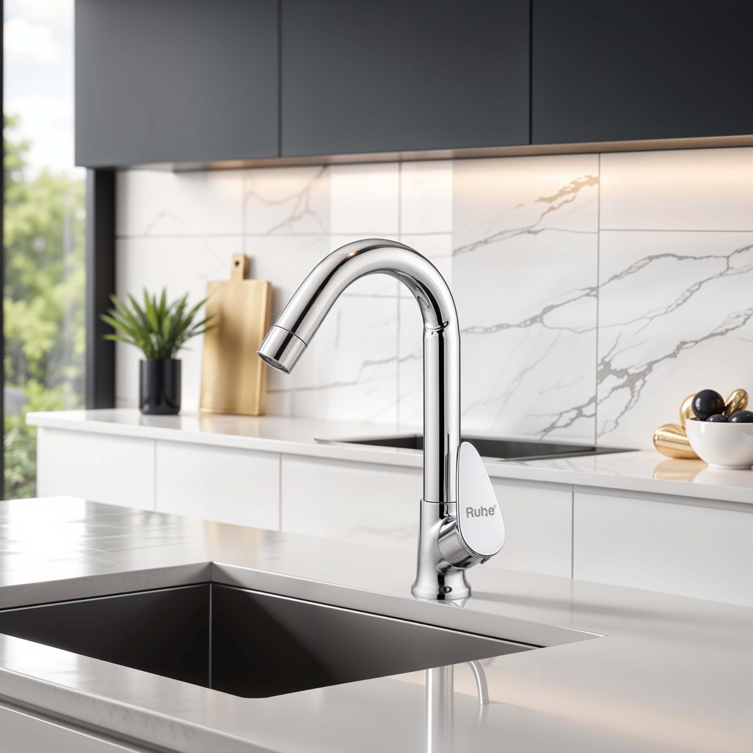 Ruhe® Liva Swan Neck Brass Faucet/Tap with Swivel Spout| Table Mount Tap with Chrome Finish for Bathrooms Wash Basins & Kitchen Sinks-image-17