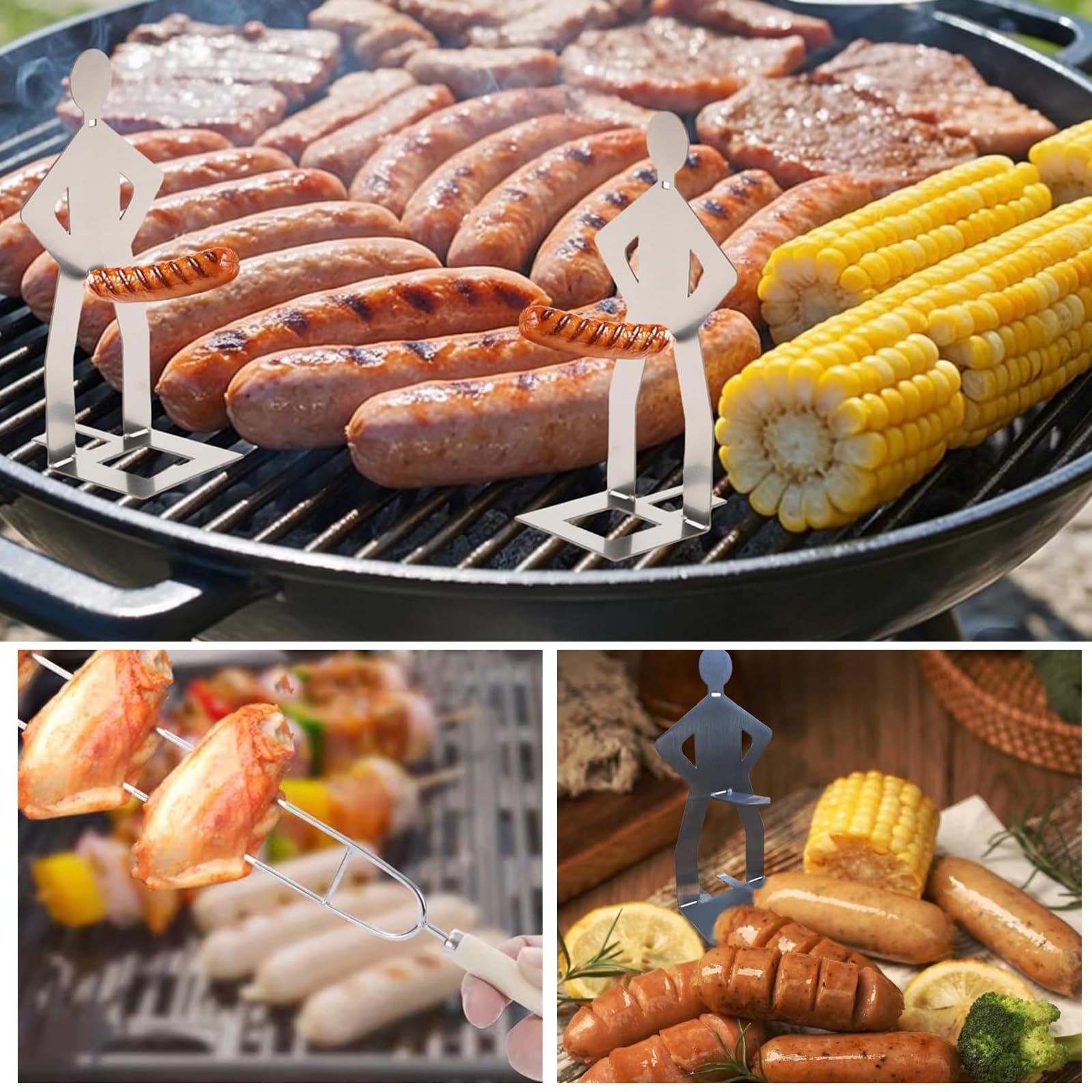 2 Piezas Soporte para Salchichas de Barbacoa de Acero Inoxidable, Tenedor de Trinchar con Mango, Creativo para Barbacoa de Salchichas, Ideal para Camping Picnic al Aire Libre y Cocina