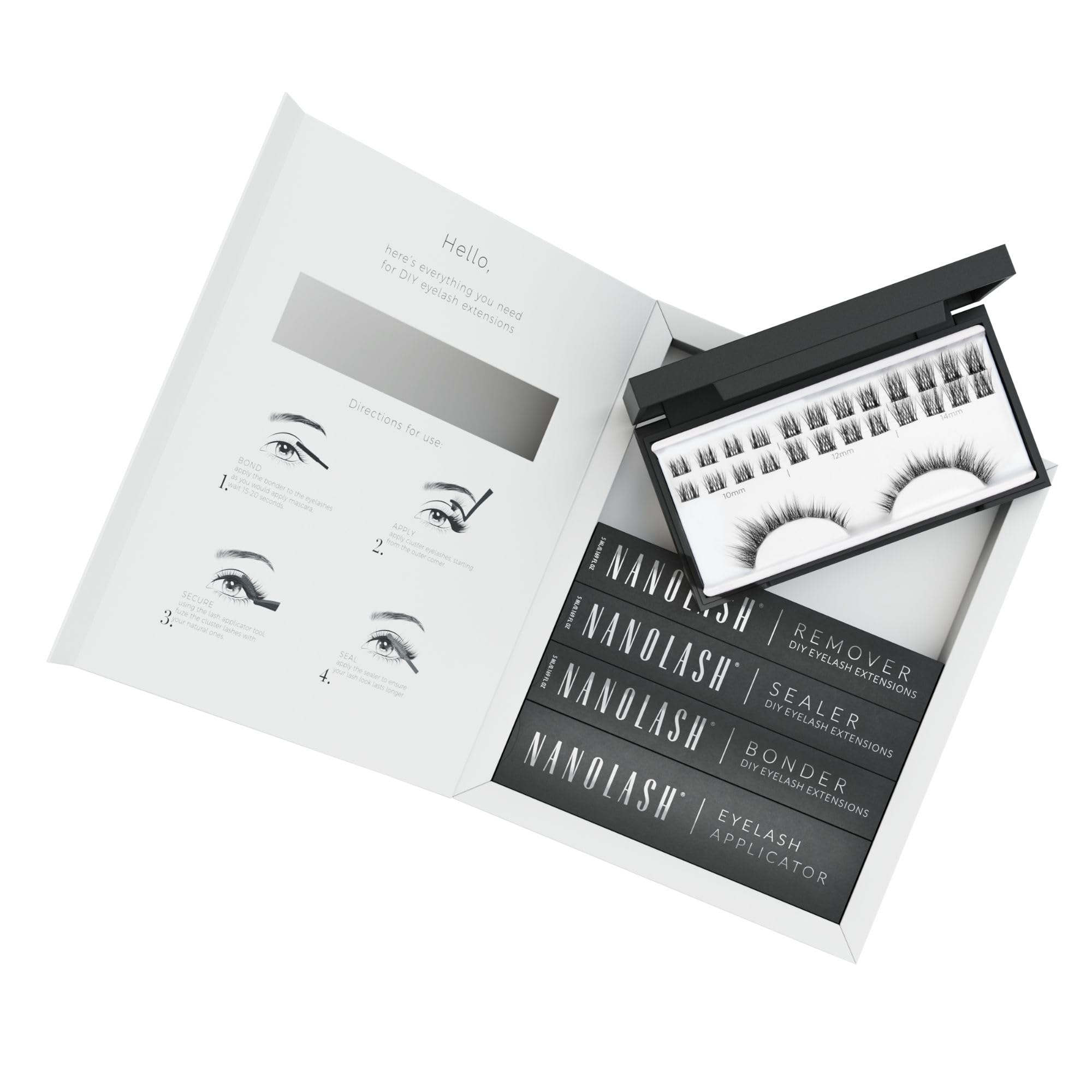 Nanolash DIY Eyelash Extensions Starter Kit - cluster lashes with bonder, sealer, remover, apllicator, home lash extensions kit (Black, DIVINE)