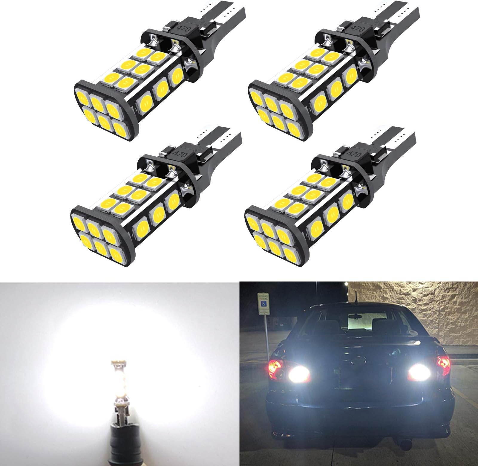 Upgrade T15 LED Bulb Extremely Bright 921LED Bulb, 1200 Lumen Error Free 921 912 T15 W16W LED Bulb 24-SMD 3030 Chips for Backup Reverse Lights, 6000K Xenon White (Pack of 4)