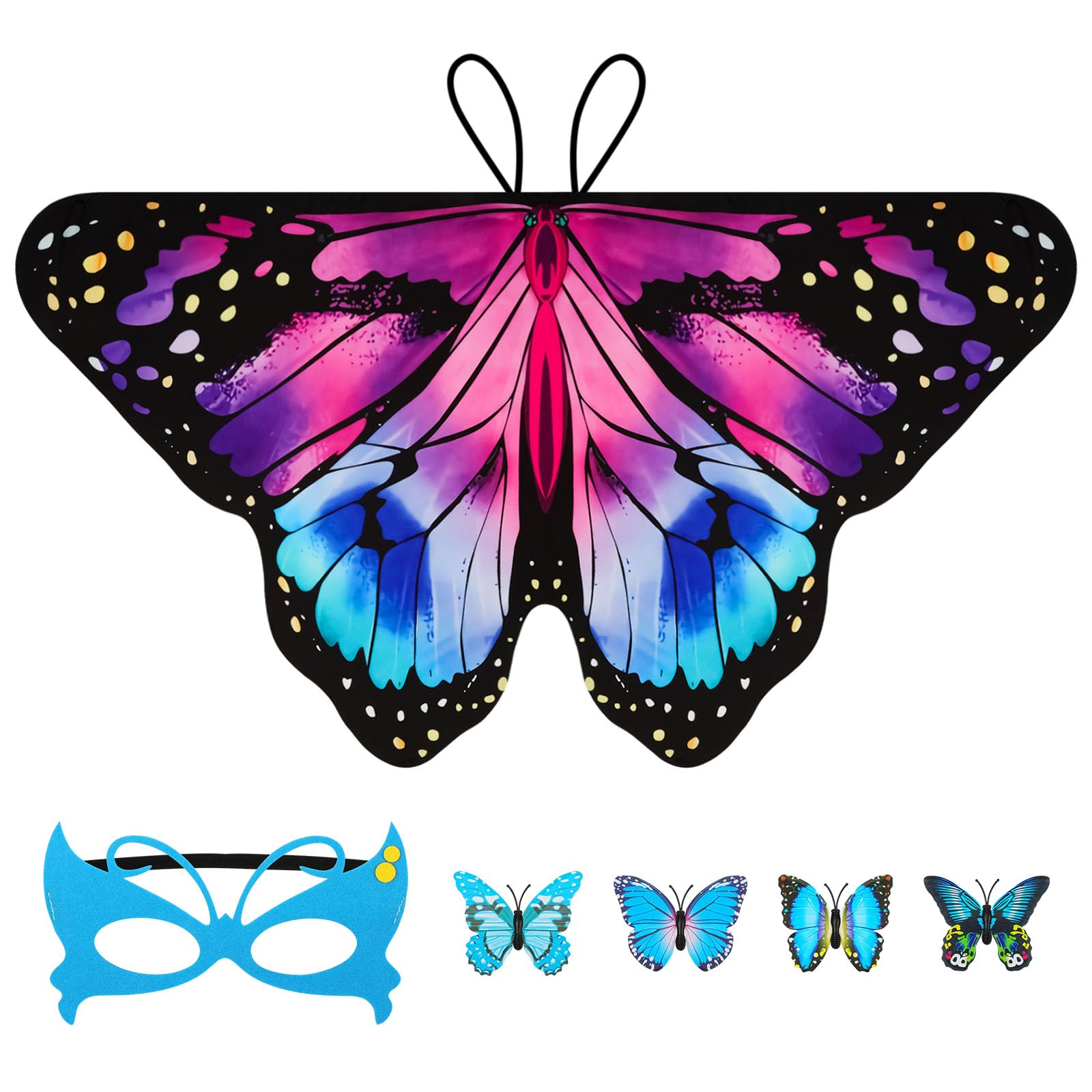 Kinderkostuum met vlindervleugels, sjaal met tutu-rok, zwart kanten oogmasker en vlinderhoofdband, mooie vlindervleugels, cadeaus voor kinderen, meisjes, carnaval cosplay kostuum (blauw