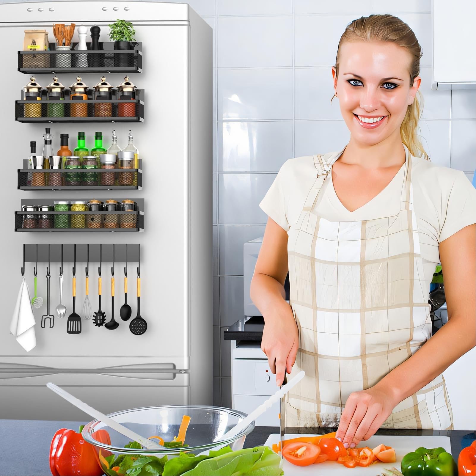 banapoy Estante Magnético para Refrigerador, Organizador de Estante de Almacenamiento de Metal, Estantes Magnéticos de Cocina con 2 Estantes y Gancho para Frigorífico, Microondas, Horno, Lavadora