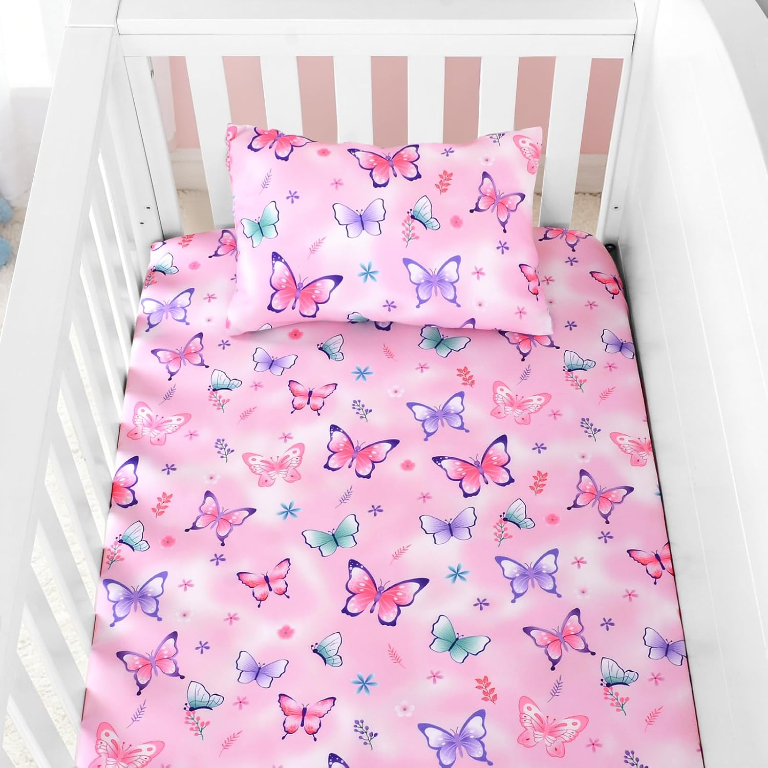 JISEN 3 Piece Crib Bedding Set Soft Baby Butterfly Crib Comforter Set with Comforter, Sheet, Pillowcase - Nursery Bedding for Boys or Girls Pink