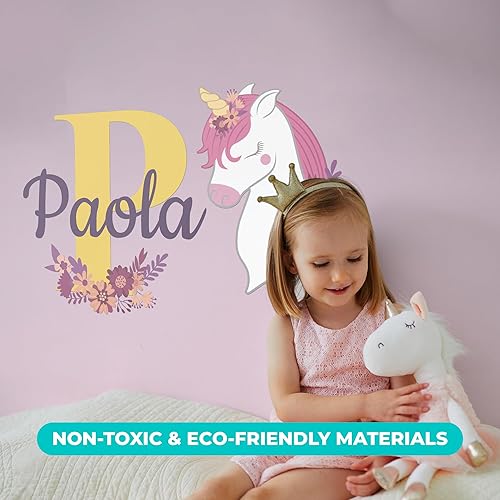 Miniatura 5 de EGD Nombre personalizado y unicornio inicial con decoración de pared de flores, calcomanías de pared de unicornio I Fancy Font I Decoración de pared