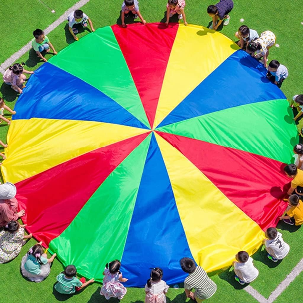 Play Parachute, Play Parachute with Handles Rainbow Play Parachut Outdoor Teamwork Game Reinforced Double Seams Parachute Body Strength Training for Kids for Playground Backyard Or Gym Class