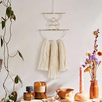 IOWER Boho Wall Decor Macrame Wall Hanging Small Metal Wall Art Cute Wall Decor For Living Room BedroomIvory, 13"Lx4.7"w
