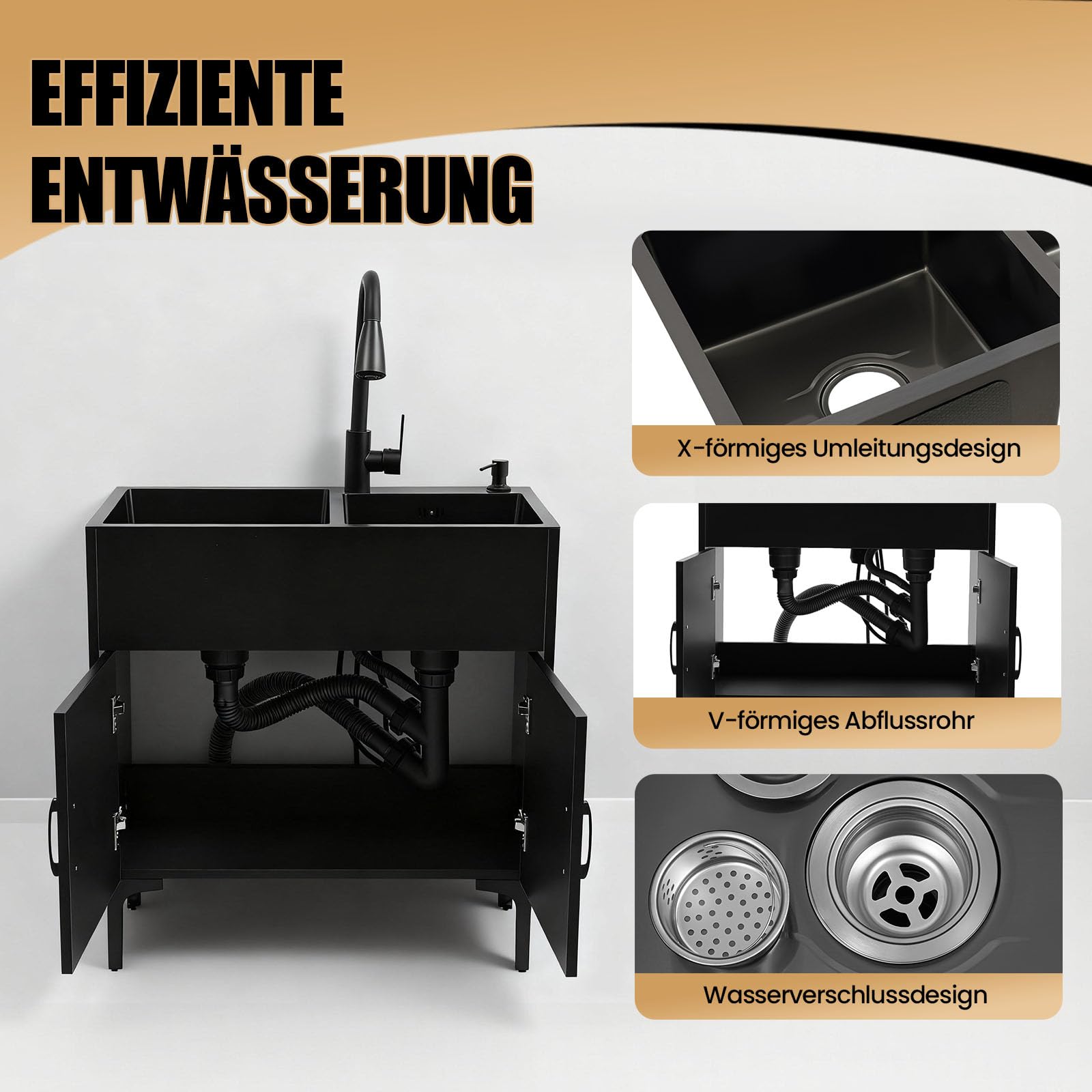 Freistehende Küchenspüle mit Schrank und ausziehbarem Wasserhahn, Edelstahl Gewerbliche Spültisch Doppelbecken Küchenspüle mit Entwässerungskorb und Abflusseinheit für Küche Wäsche/Schwarz 75x41x78cm