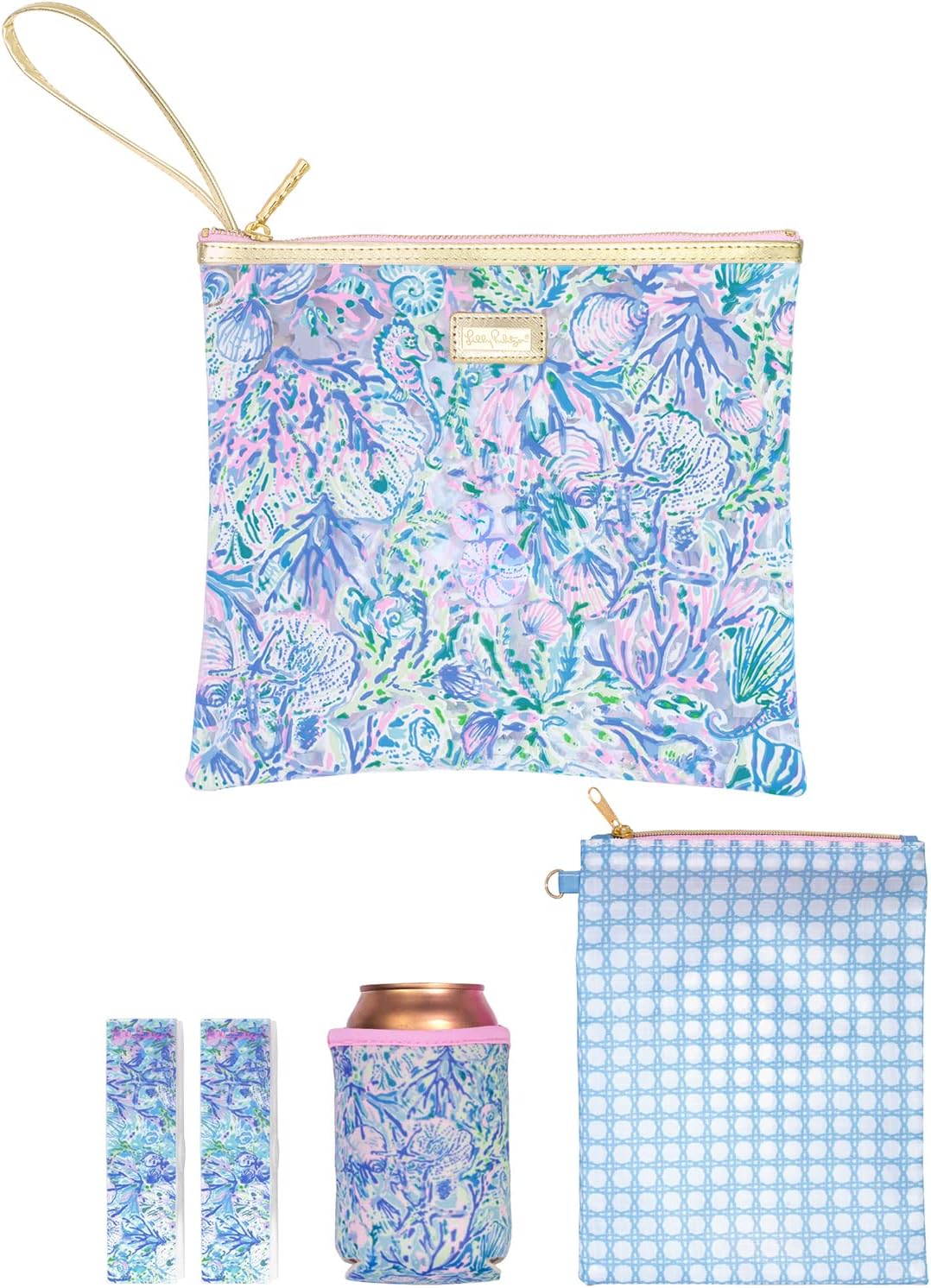 Water Resistant Vinyl Beach Day Pouch, Zipper Bag Includes Drink Hugger, Small Pouch, and Towel Clips