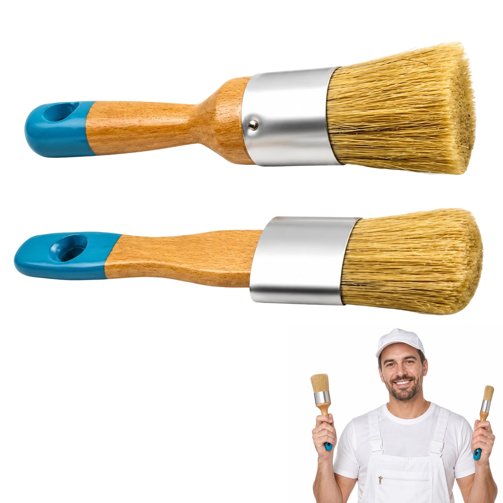 2 Pcs Frenchic Browning Wax & Chalk Paint Brush Set for Furniture, Natural Bristle Round and Flat Paint Brushes with Wood Handle for Painting, Waxing & DIY