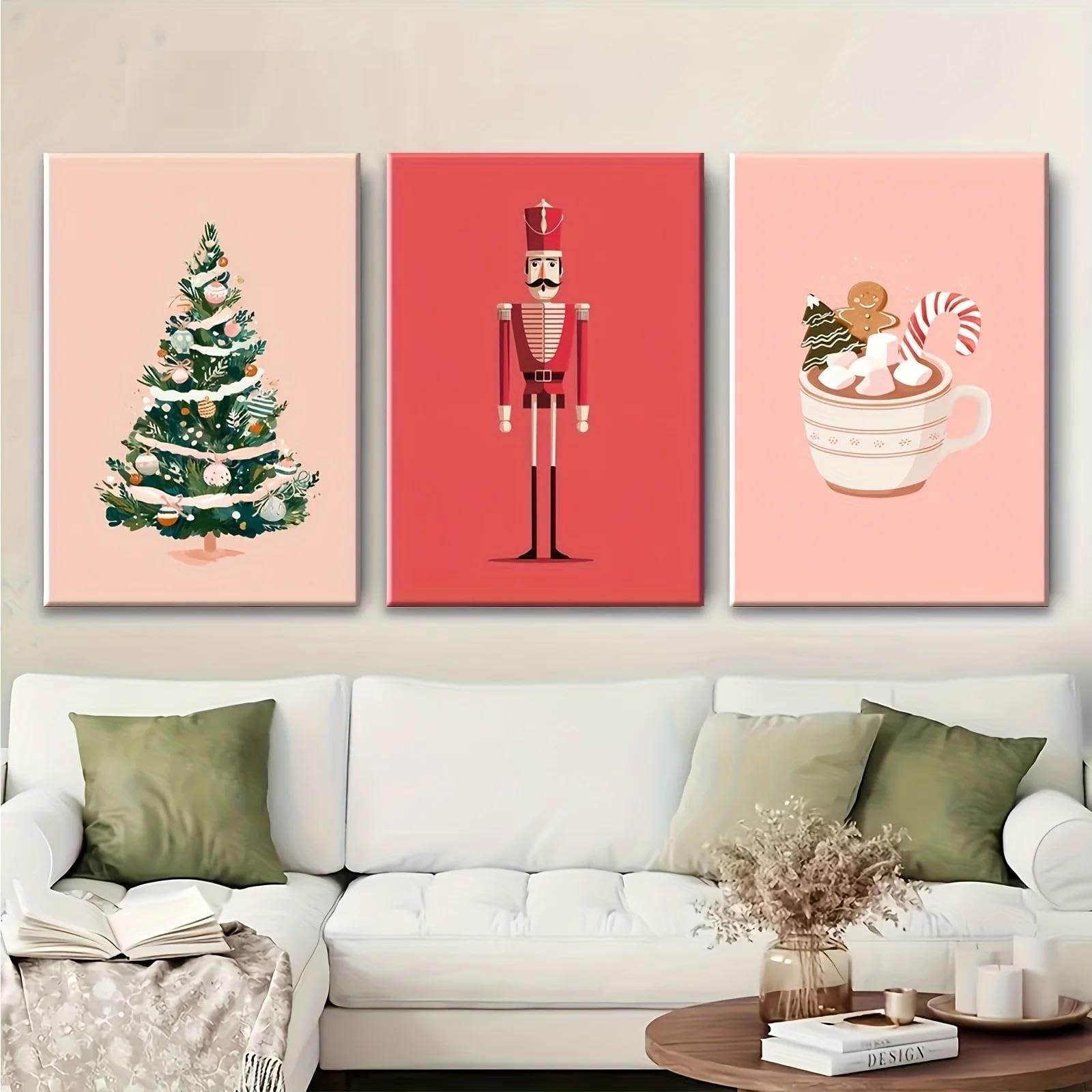 Yocheng 3pcs Set Abstract Art Prints Traditional Nutcracker Soldier, Hot Chocolate Cup With Marshmallows 40x60cmx3 No Frame