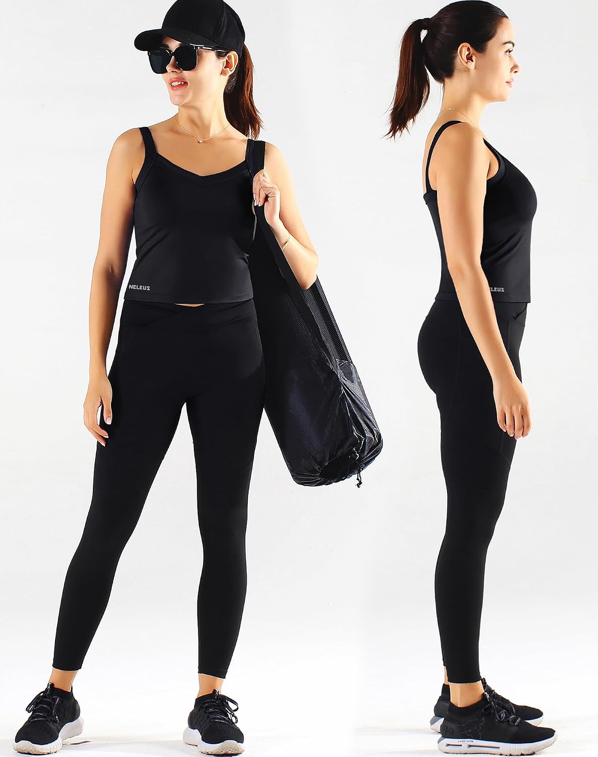 NELEUS Women's 3 Pack Athletic Cropped Tank Top Padded Bra with Removable Cups Workout Compression Shirts,8196,Black/Grey/White,L
