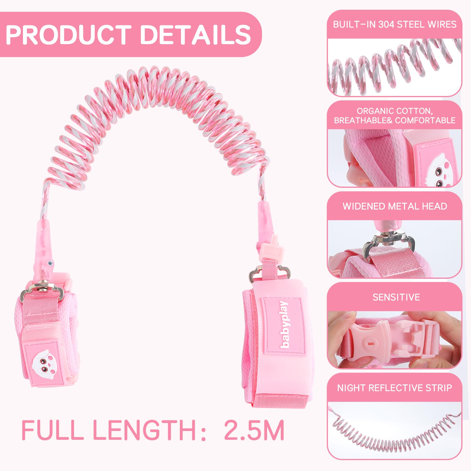 Anti-lost Wrist Belt, Anti-Lost Rope for Children Anti-lost Child Barlet Child Wrist Leash 360° Rotation Safety Harness 2.5m (Pink) - Image 2