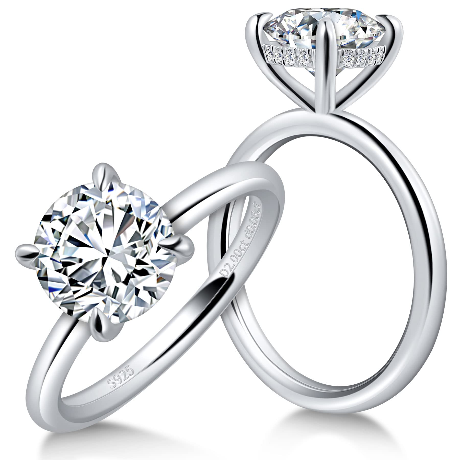 Ladylike 2 Carat Moissanite Rings for Women 925 Sterling Silver Round Solitaire Engagement Ring Promise Anniversary Wedding Rings for Her