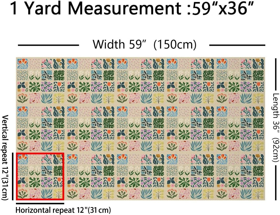 Colorful Abstract Floral Soft Polyester,Geometric Patchwork Washable Material for Handmade Supplies No Stretch Retro Aesthetic Craft Fabric 1 Yard Pre-Cut,36" L x 59" W Green Yellow image 2