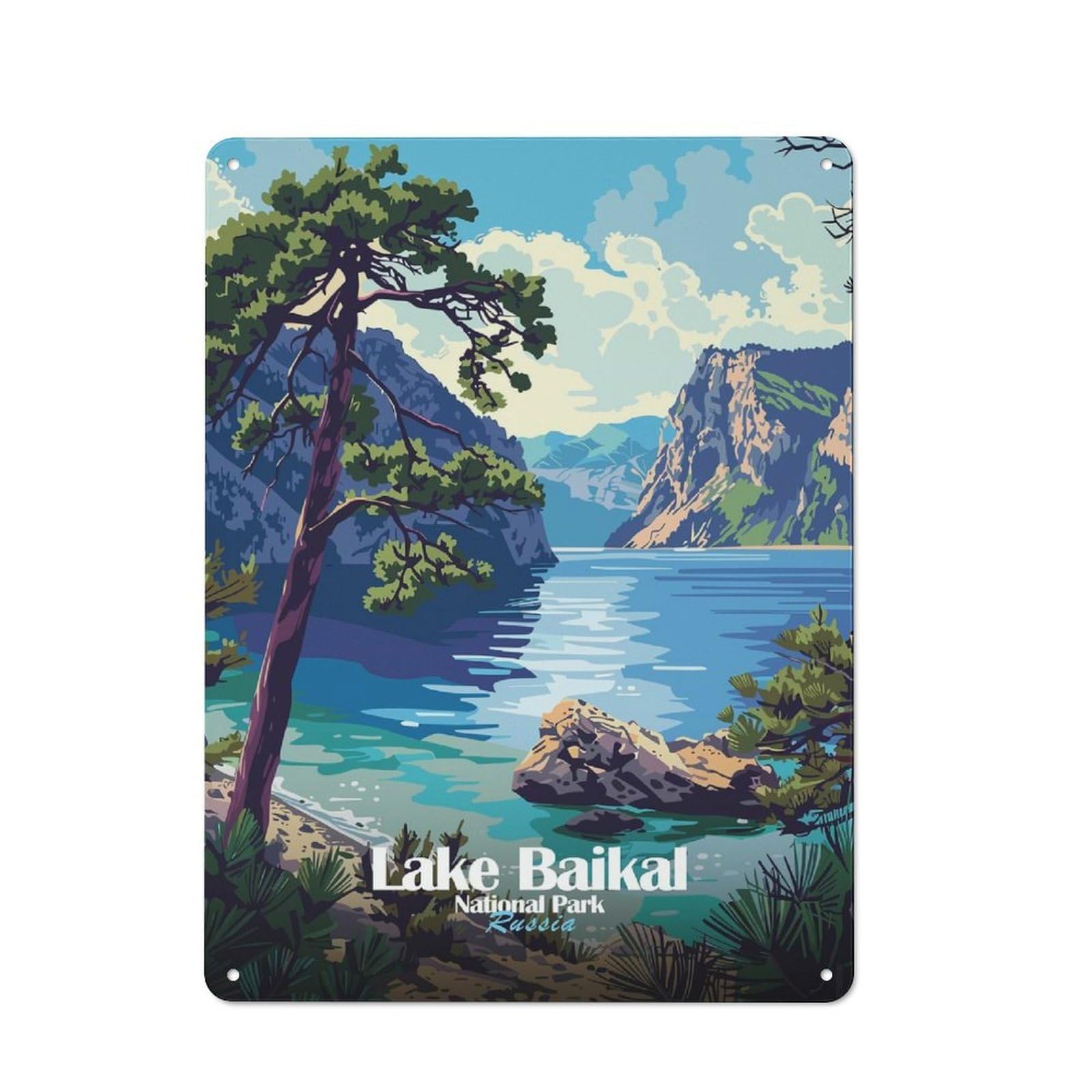 Decorative Tin Sign with Lake Baikal National Park Russia Design 40x30cm, Nostalgic Old Style Wall Plaque for Living Room, Hallway, Kitchen Or Cafe
