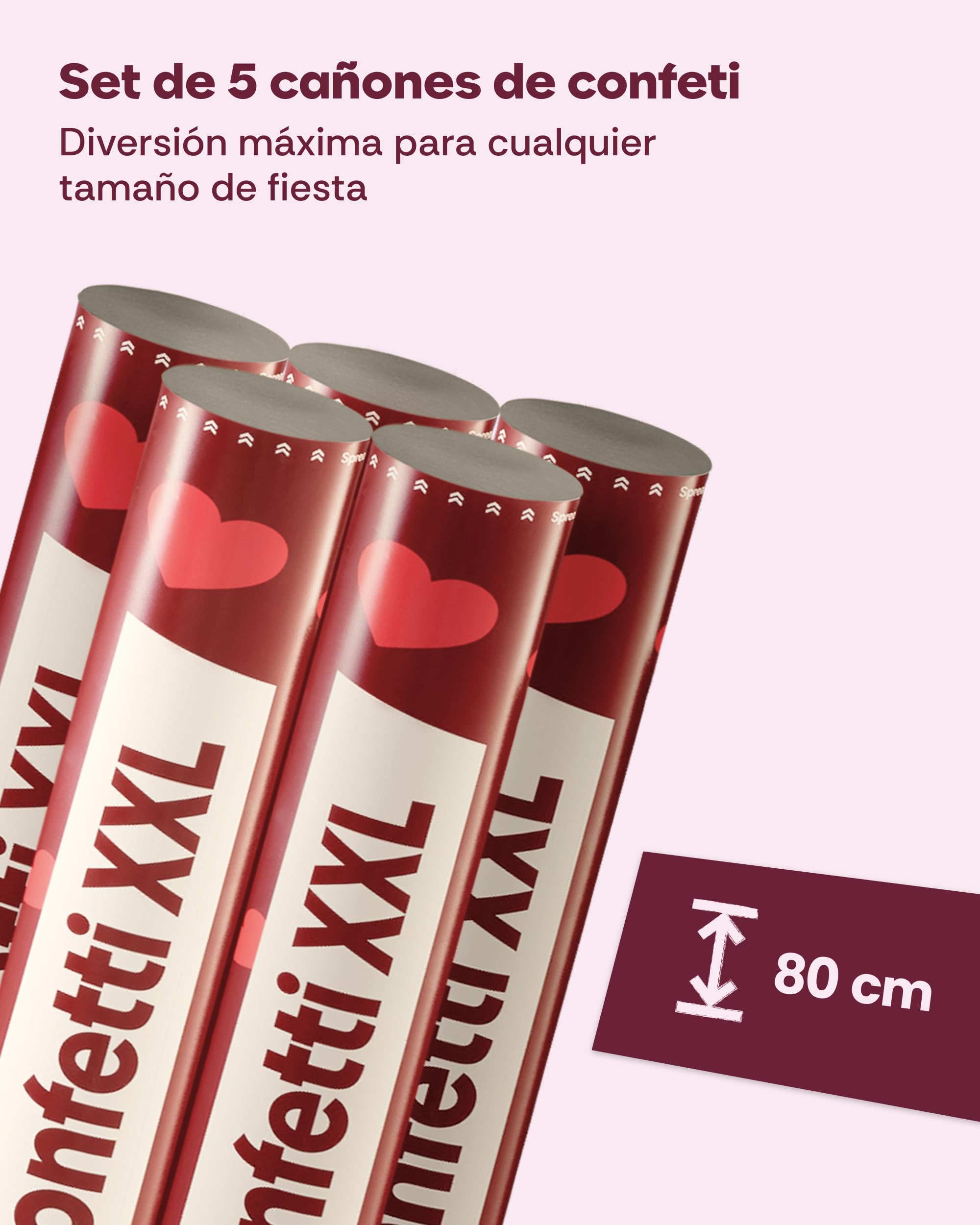 5 Cañones de Confeti Boda 80 cm Corazones Rojo – Biodegradable