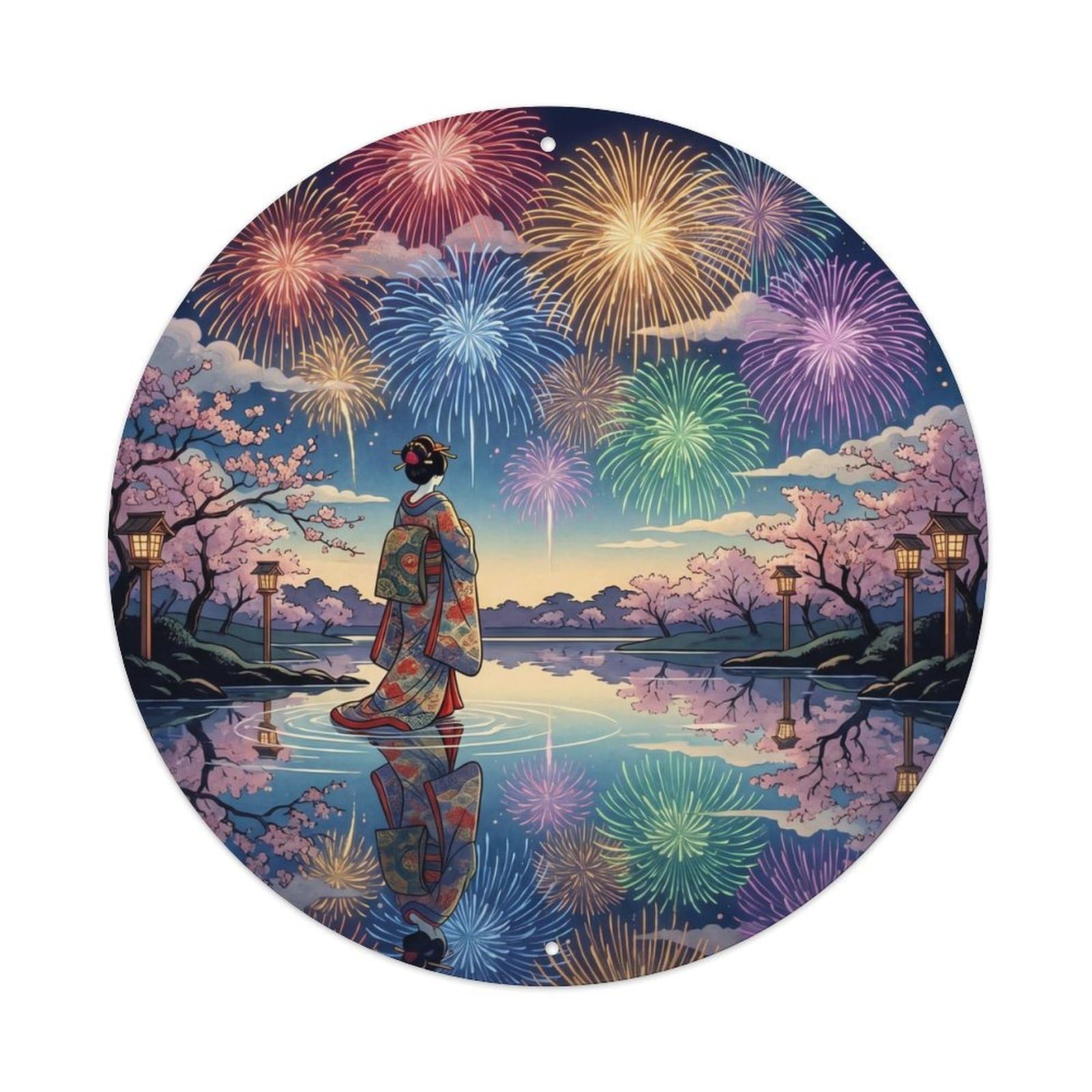Metal Tin Sign Japanese Fireworks Water Mirror Geisha Scene