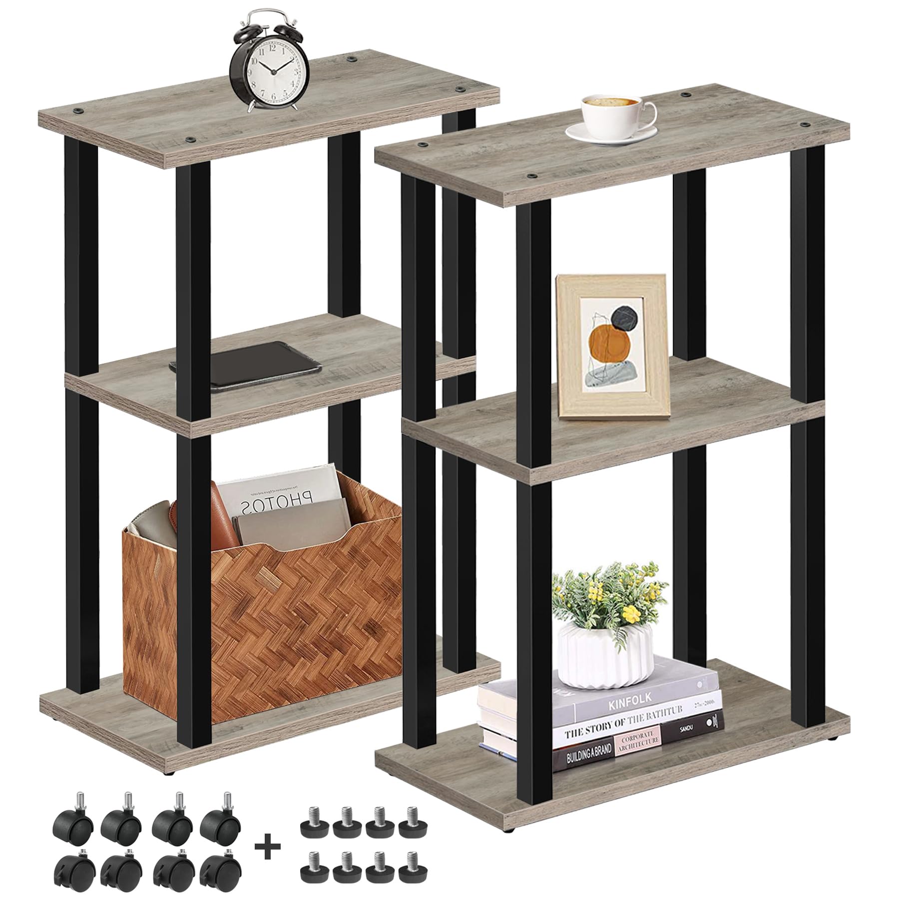 TUTOTAK Small Side Table, Narrow End Table, Bedside Table, Set of 2, Couch Side Table with Wheels for Living Room or Bedroom, Greige TB01BG0612